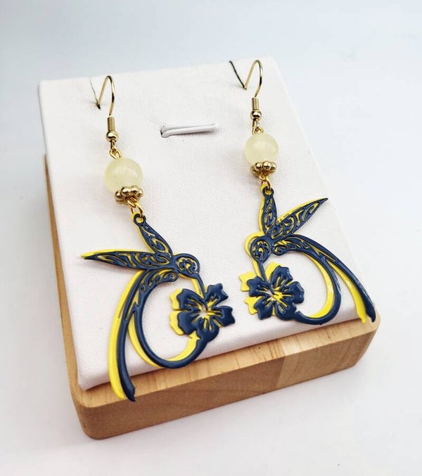 Boucles " Colibris bleu jaune"