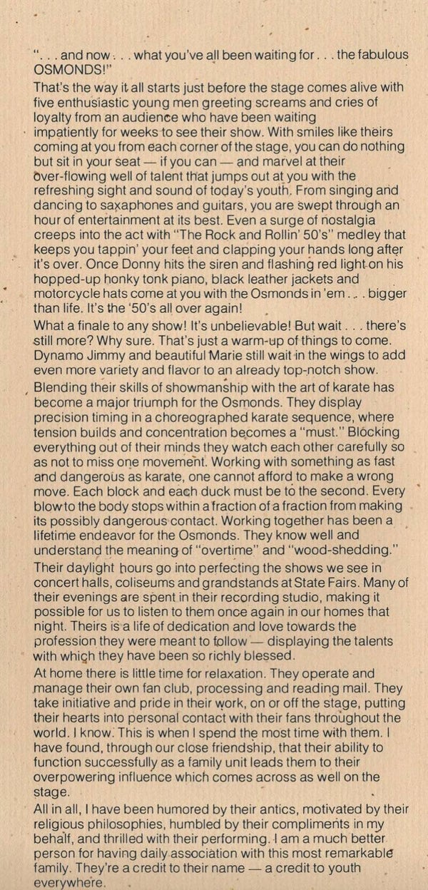 Osmonds facts sheets by Ron Clark