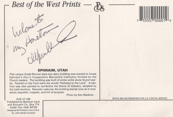 postcard Ephraim with message from Merrill