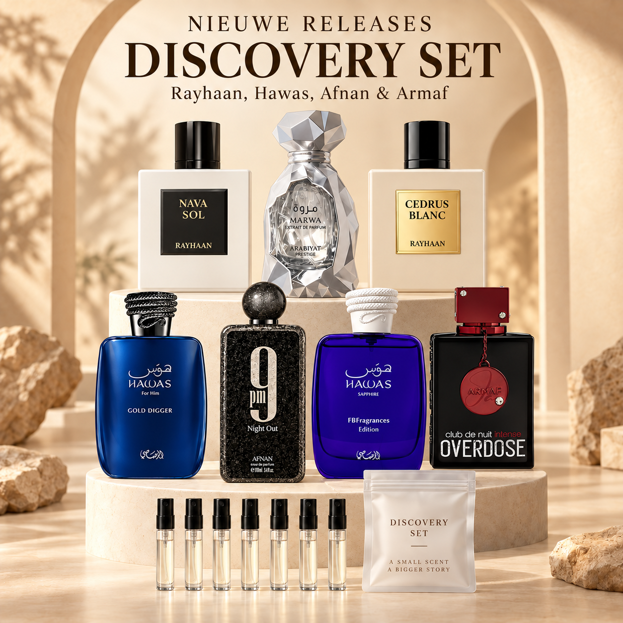 Nieuwe releases discovery set: Rayhaan, Hawas, Afnan & Armaf | Parfum Samples / Decants