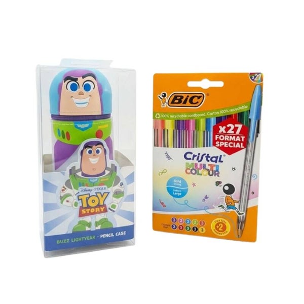 Kit Estuche 3D Disney Buzz Lightyear y Pack Bolígrafos Bic cristal