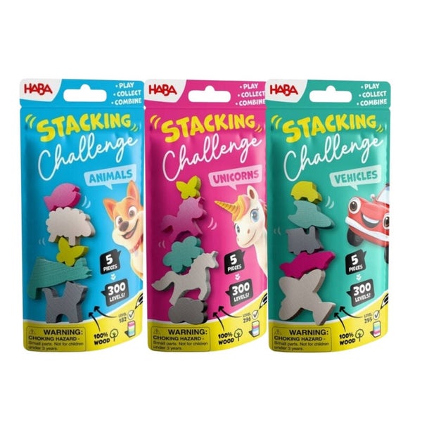 Pack 3 Stacking Challenge Animals, Unicors y Vehicles HABA