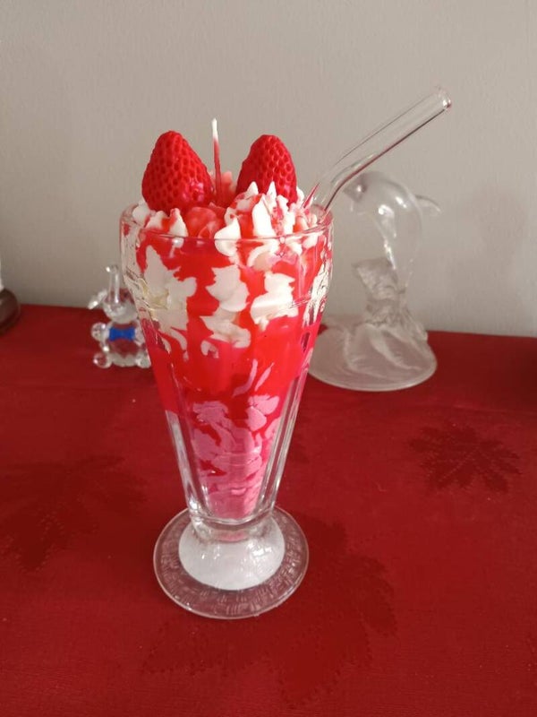 Strawberry scented ice cream sundae candle