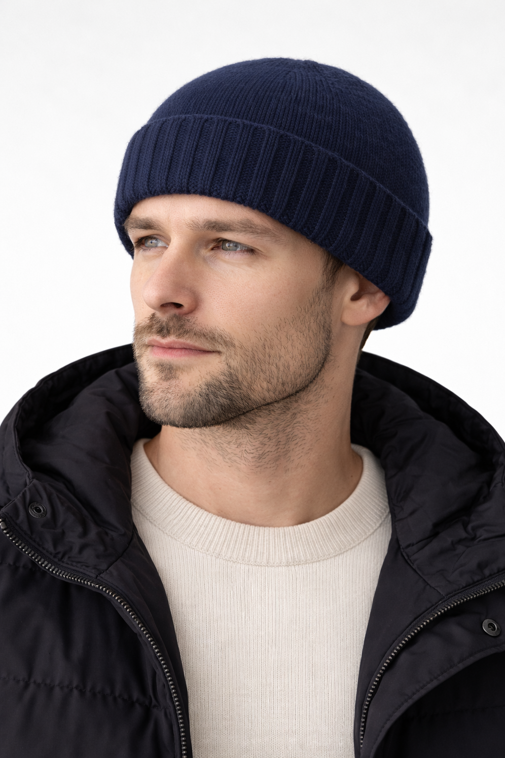 Beanie unisex liscio con risvolto a coste 100% cashmere made in Italy