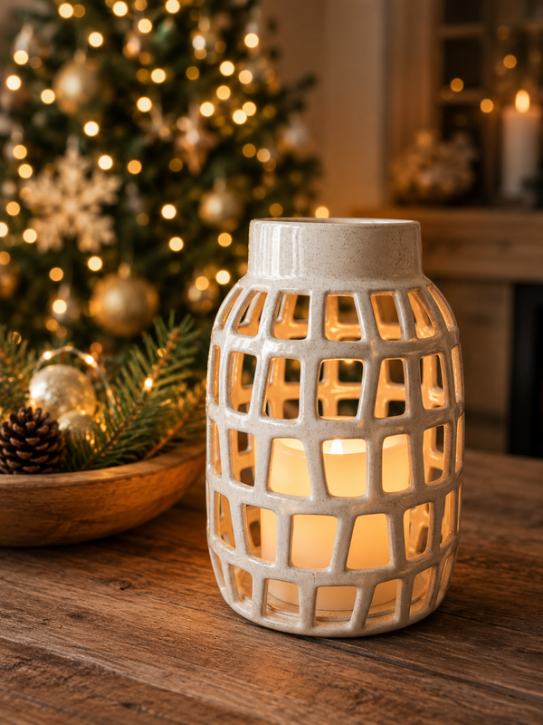 Windlicht Keramiek Crème – Open Design Maat XXL