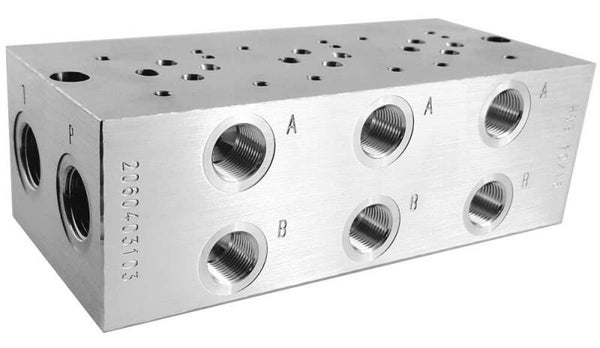 Anschlussplatte NG06 3-fach P+T Stirnseitig 1/2" A+B 3/8" A-Seite