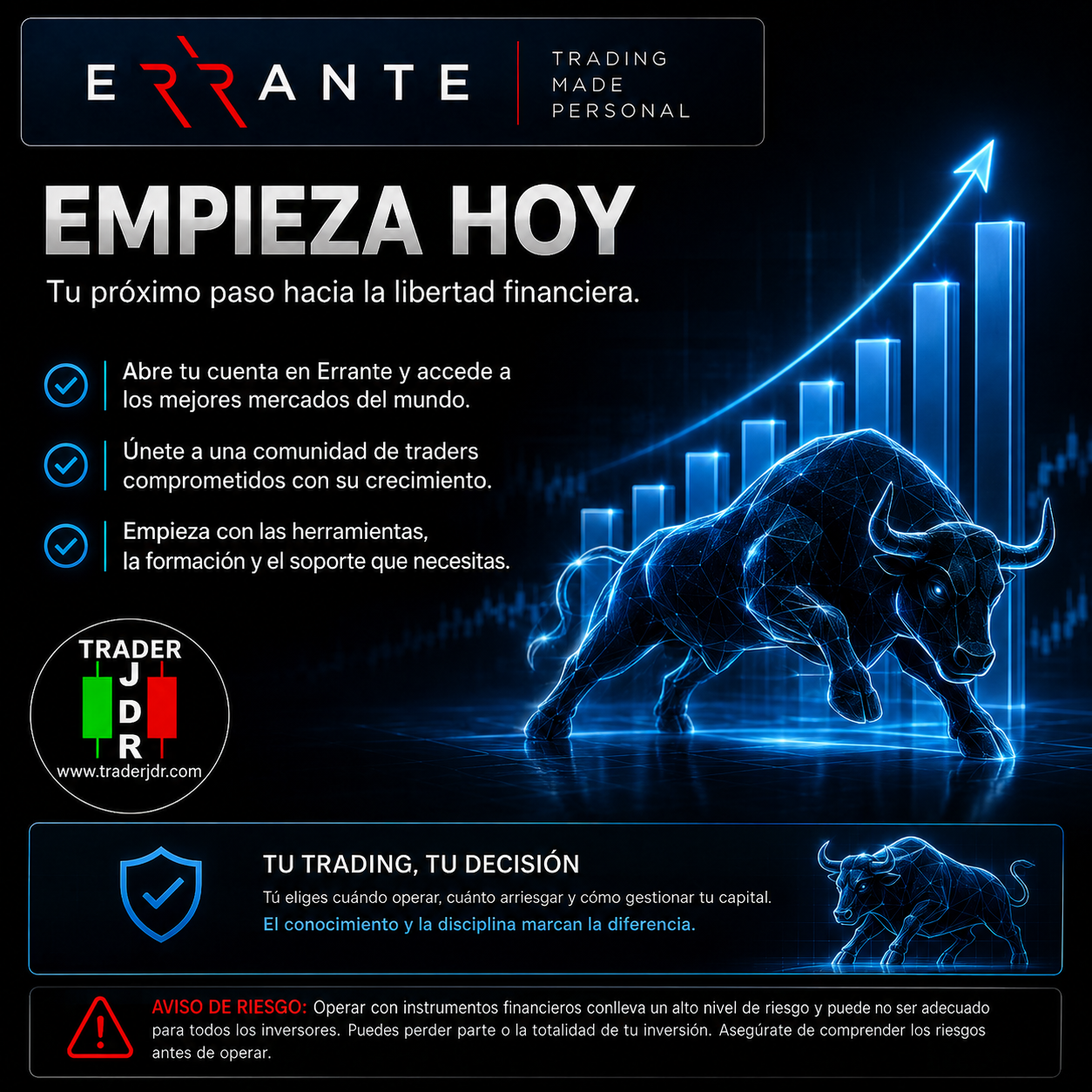 Imagen promocional de Errante con llamada a la acción para abrir una cuenta de trading, acceder a MetaTrader 4 y MetaTrader 5 y comenzar a operar en los mercados financieros con un enfoque responsable.