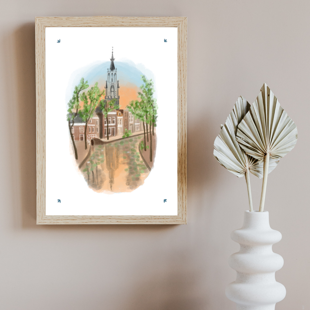 a5 print nieuwe kerk bij zonsondergang delft