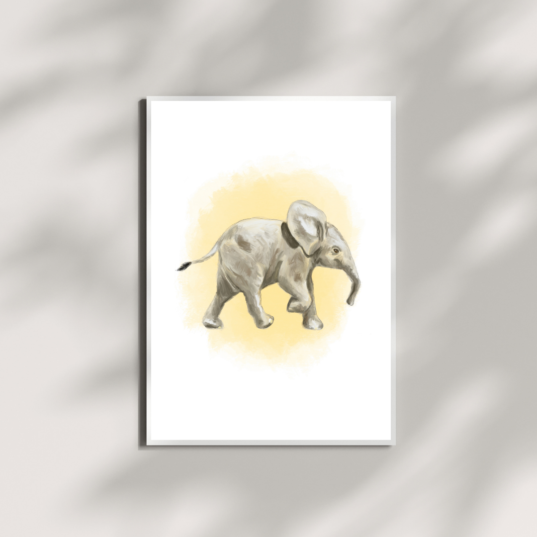 A5 kunstprint met babyolifant op geel