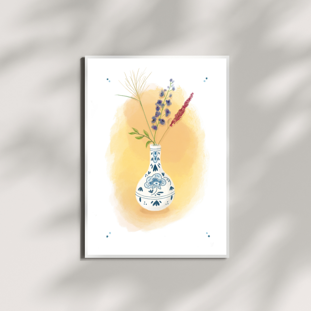 A5 kunstprint delftsblauw vaasje met droogbloemen geel