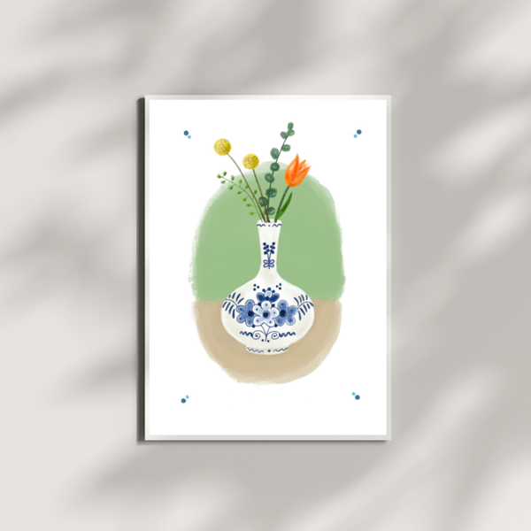 A5 kunstprint vaasje Delfts blauw op groen