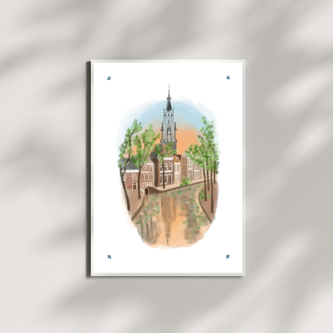 A5 kunstprint nieuwe kerk Delft bij zonsondergang