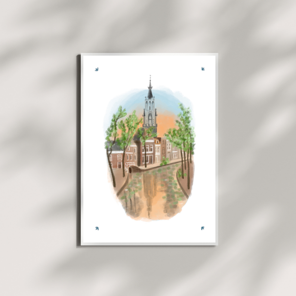 A5 print nieuwe kerk Delft bij zonsondergang