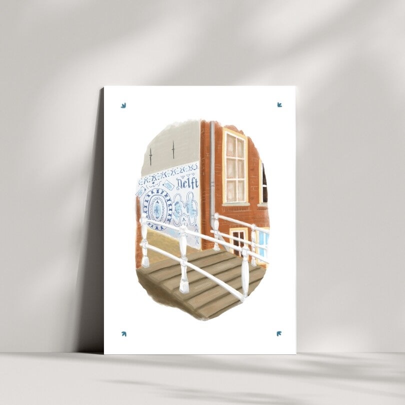 Wenskaart Delft steegje met delfsblauwe muur