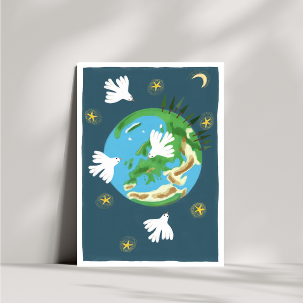Kerstkaart met wereldbol en duiven