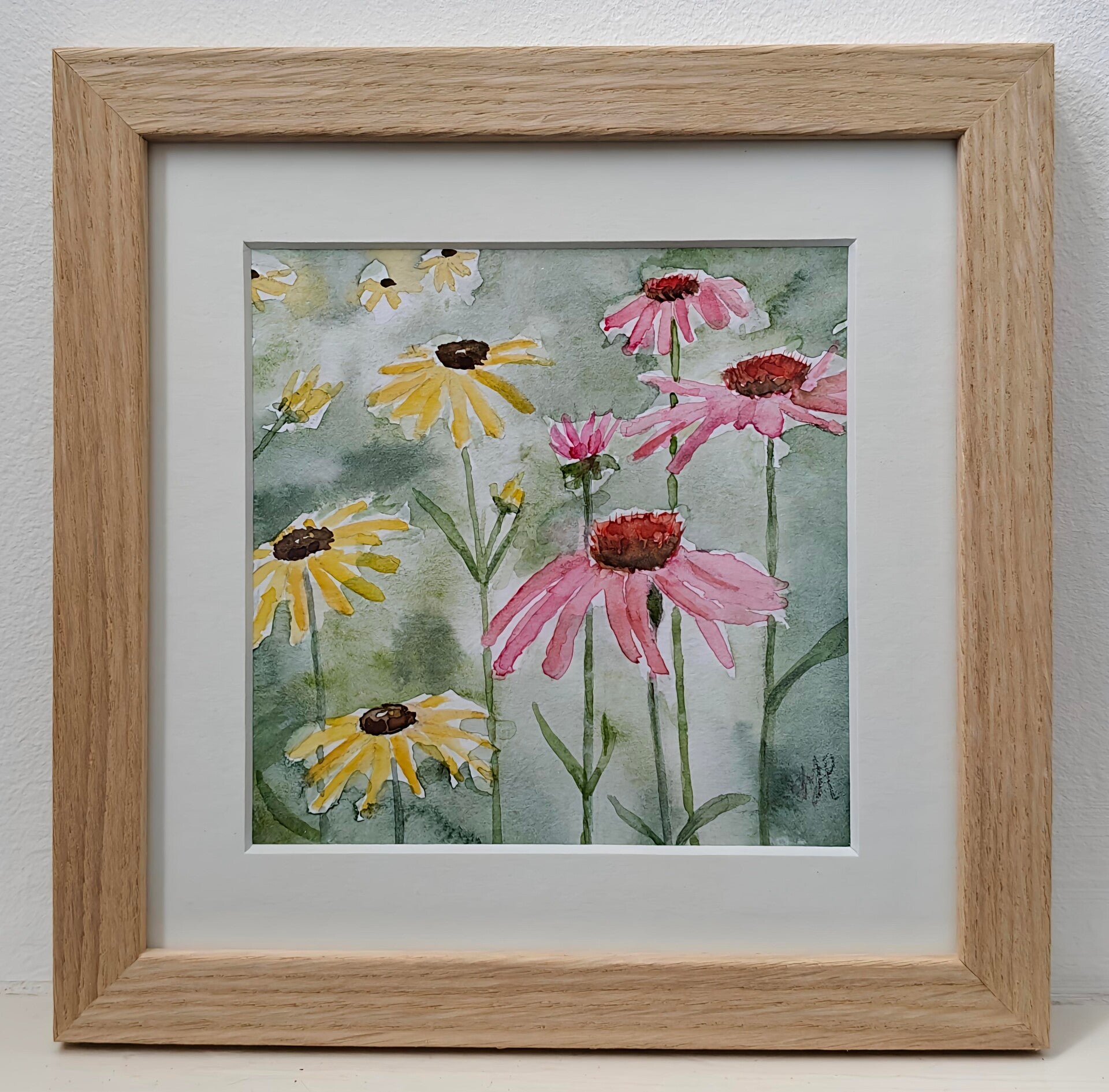 Aquarel Rudbekia en rode Zonnehoed