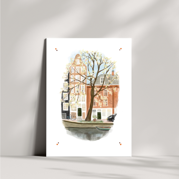 Wenskaart Amsterdam bloesem aan de gracht