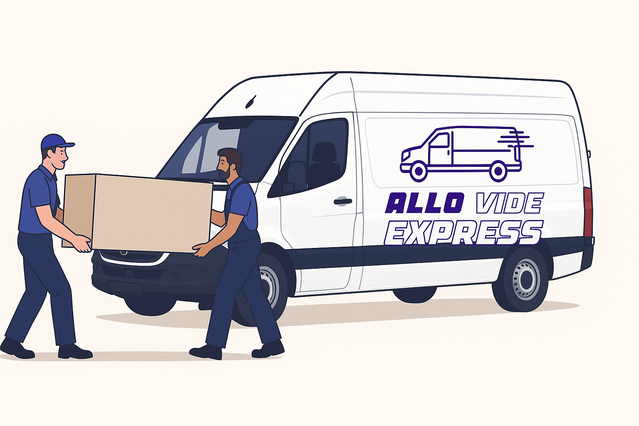 Deux professionnels effectuent un déménagement avec chargement de meubles et livraison de colis dans une camionnette, dans le cadre d’un service de transport et logistique à Bruxelles et en Wallonie.