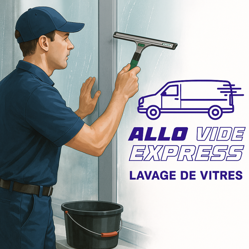 Laveur de vitres professionnel en uniforme effectuant le lavage de vitres et le nettoyage de carreaux à l’aide d’une raclette sur une grande fenêtre.