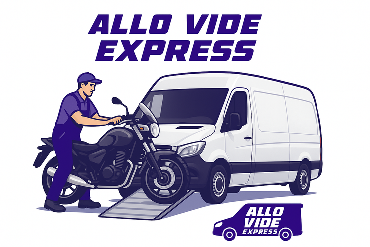 Chargement d’une moto dans une camionnette pour un service de transport de motos, dépannage deux roues, transport de quad, livraison de quads et dépannage de scooter à Bruxelles et en Wallonie.