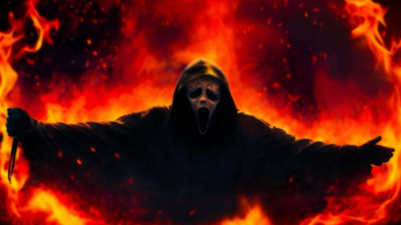 Ghostface en Scream 7, imagen para crítica y reseña en DEEP CINEMA, slasher 90s, estreno y muertes icónicas