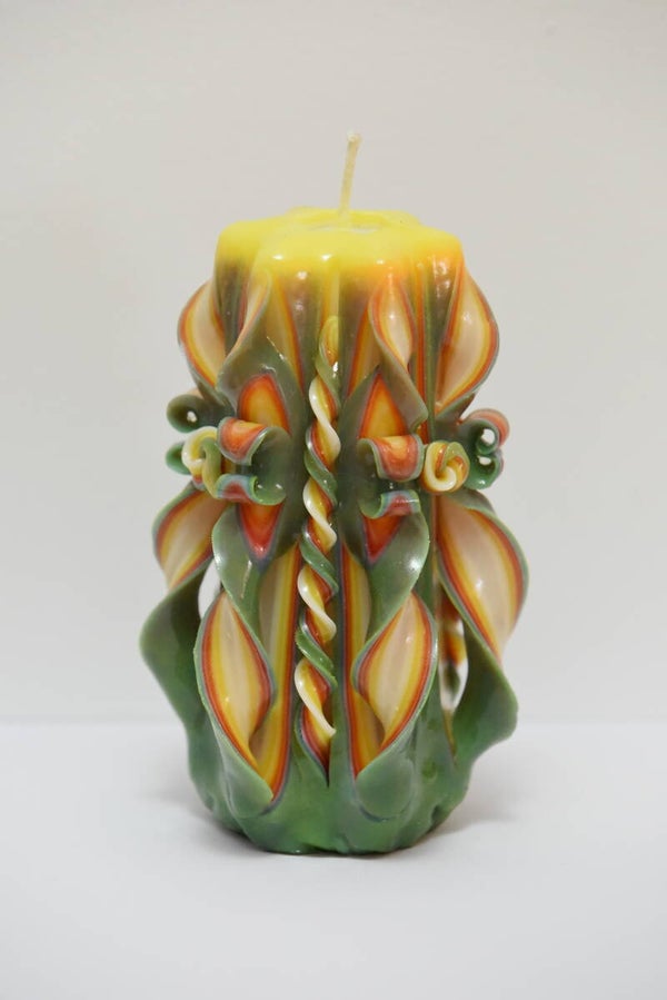 Bougie sculptée - Jaune, Vert & Rouge