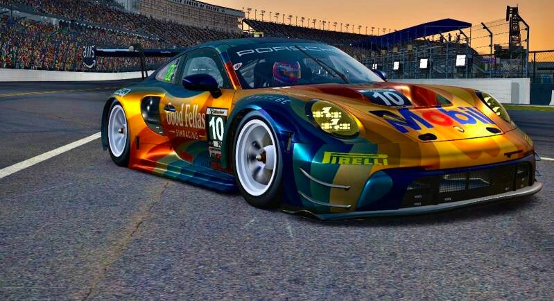 Close drafting duel Goodfellas Simracing Porsche 911 GT3 R vs BMW M4 GT3 Daytona tri-oval iRacing