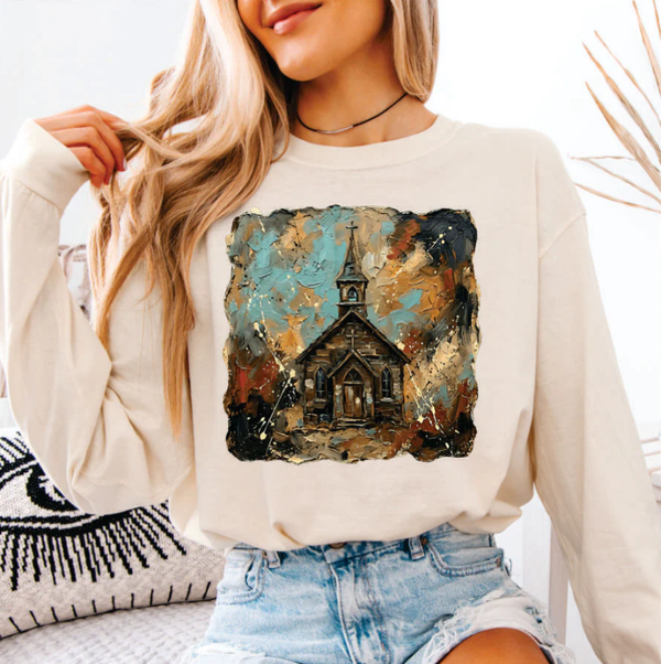 Brushstroke Country Church DTF Print