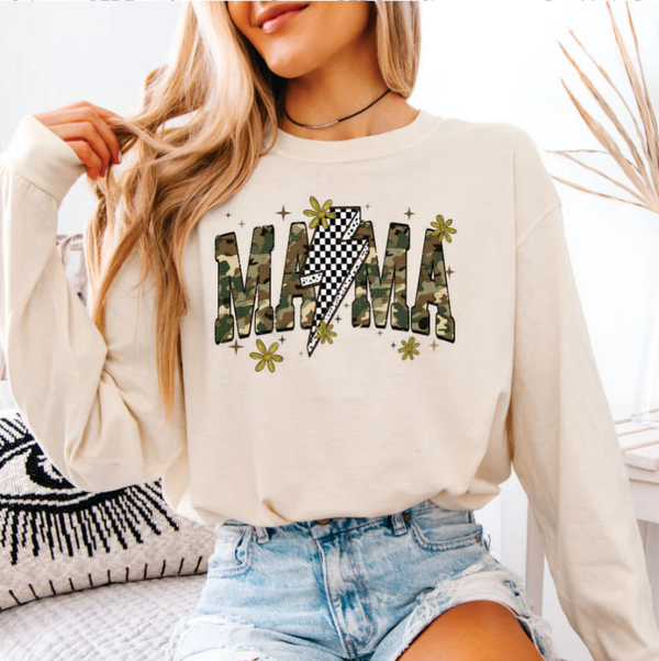 Camo MAMA With Checkered Lightning Bolt DTF Print