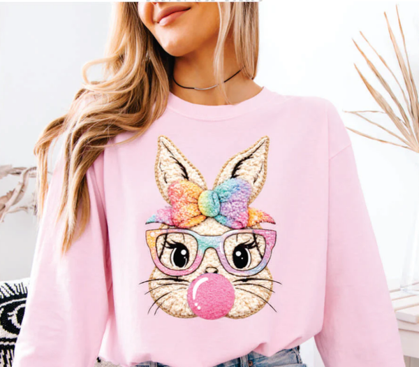 Easter Faux Yarn Bubble Bunny w/Glasses DTF Print