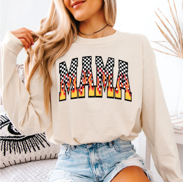 MAMA With Checked Pattern and Flames DTF Print