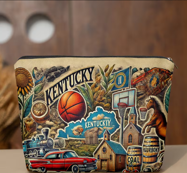 Linen Cosmetic Bag with Kentucky Symbols Basketball and Music Double-Sided Print Zipper Closure Multi-Functional Organizer for Makeup Pencils Travel Essentials