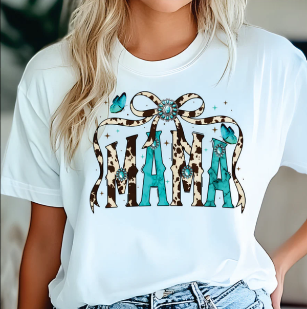 MAMA in Cow Print and Turquoise Blue Southwest DTF Print