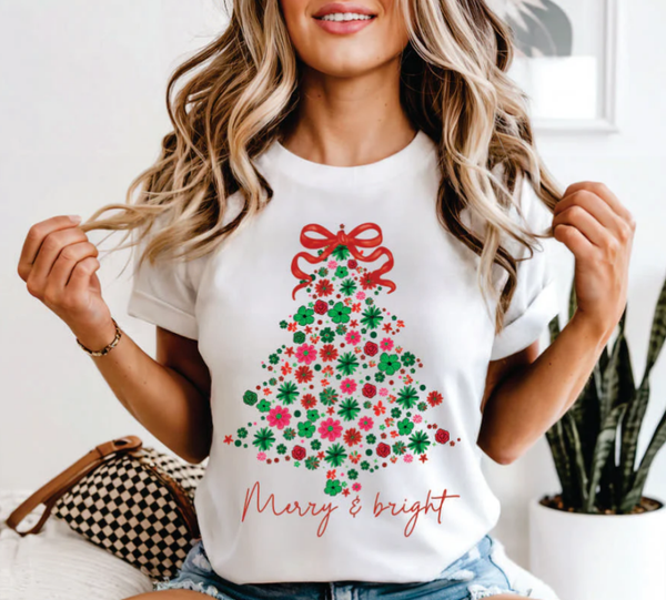Merry and Bright Floral Christmas Tree DTF Print