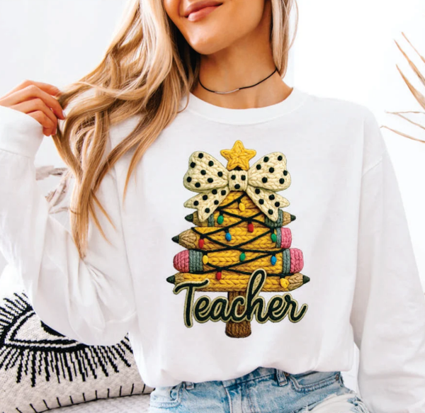 Faux Yarn Teacher Pencil Tree DTF Transfer Print