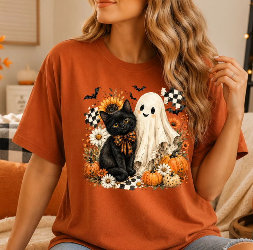 Adorable Black Cat & Ghost DTF **PRINT ONLY**