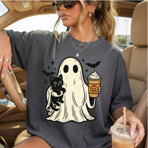 Iced Coffee Ghost With Black Cat DTF Print