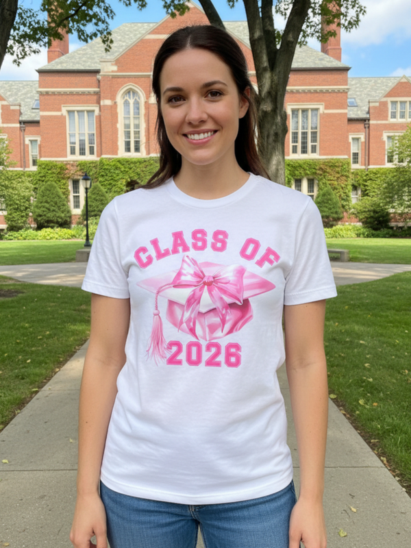 Pink Senior 2026 With Pink Bow And Cap DTF Print
