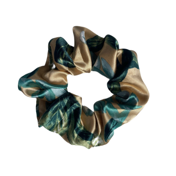 Chouchou en satin - Motif ivoire, marron et vert