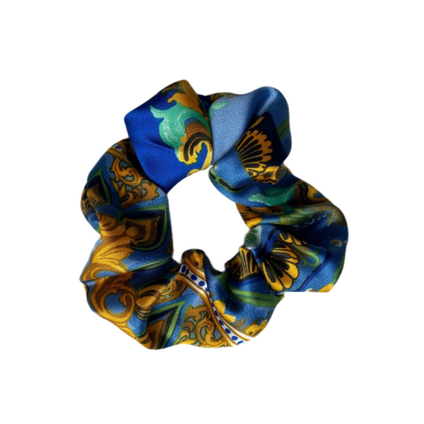 Chouchou en satin - Motif bleu, vert et jaune