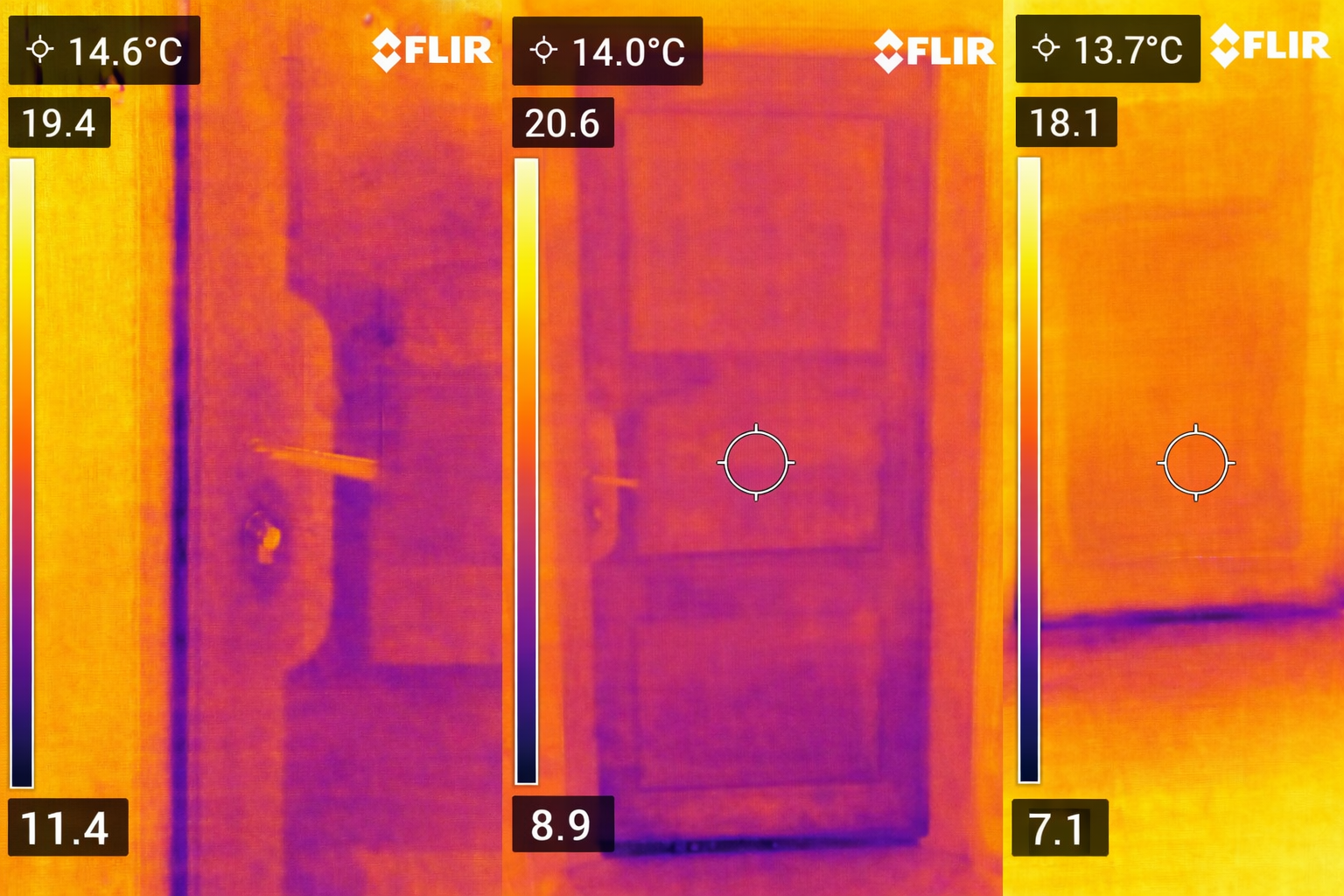 Analisi termografica dettagliata di una porta che evidenzia dispersioni di calore e infiltrazioni lungo i bordi