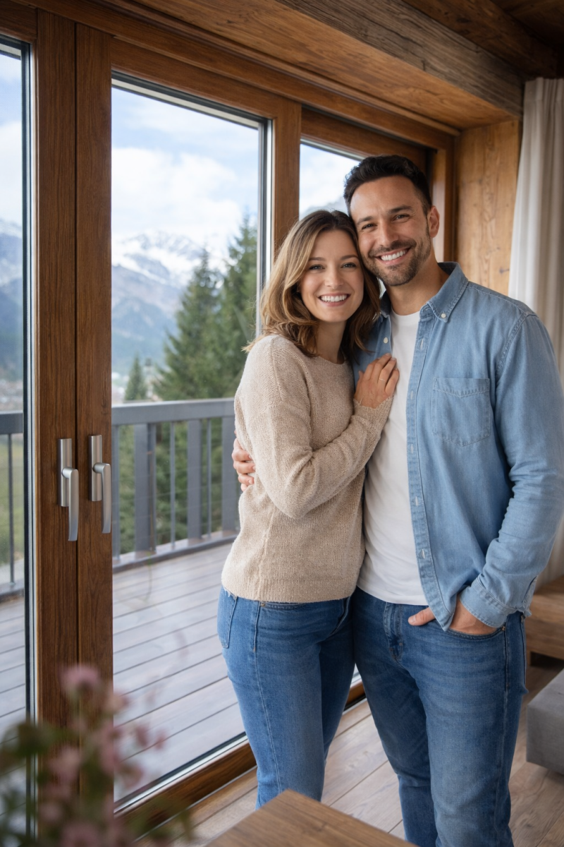 Coppia sorridente all’interno di una casa calda e silenziosa grazie a serramenti ad alta efficienza energetica. Soluzione ideale per migliorare isolamento termico, ridurre dispersioni e aumentare il comfort abitativo in Valle d’Aosta.