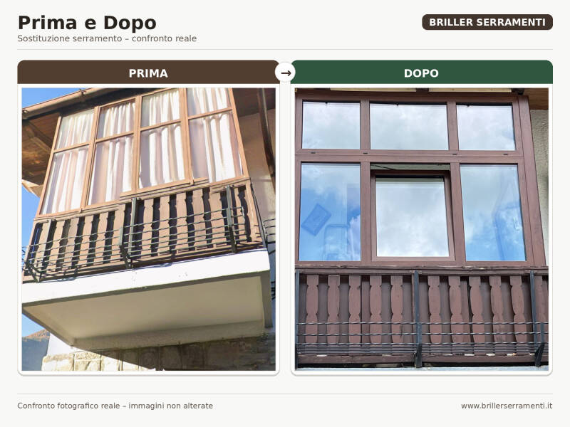 Prima e dopo sostituzione serramento con nuovo infisso in PVC effetto legno su balcone in Valle d’Aosta, lavoro realizzato da Briller Serramenti