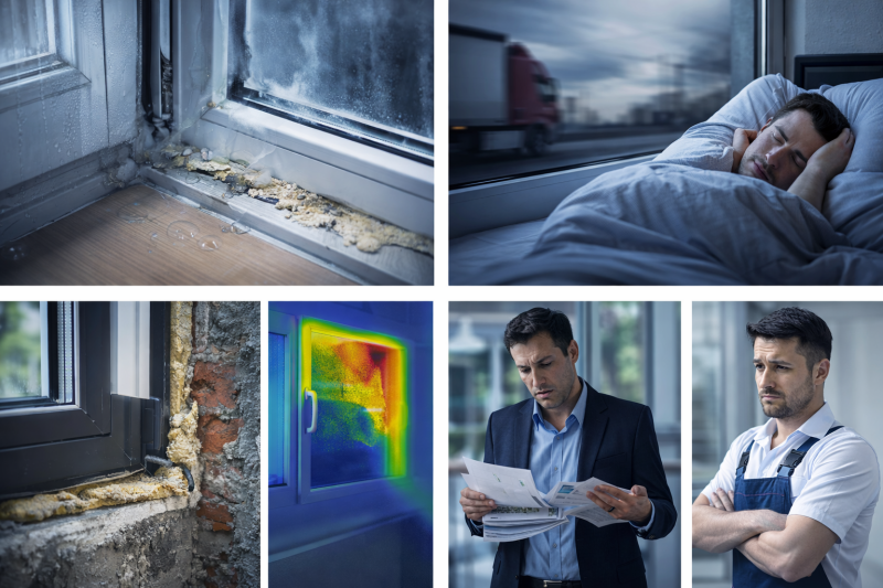 Collage fotografico che mostra i problemi causati da serramenti analizzati o installati male: spifferi, rumore, dispersioni, dettagli trascurati e costi imprevisti
