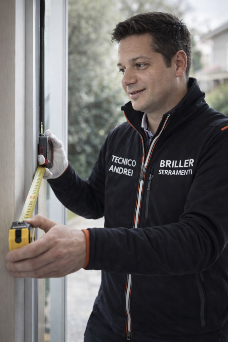 Misurazione professionale serramenti durante sopralluogo tecnico Briller per evitare errori e dispersioni