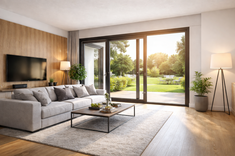Soggiorno moderno con grandi serramenti che portano luce naturale e comfort abitativo elevato