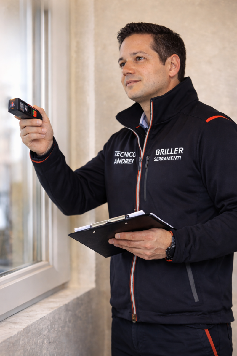 Tecnico Briller Serramenti durante sopralluogo professionale in casa con analisi e consulenza tecnica personalizzata
