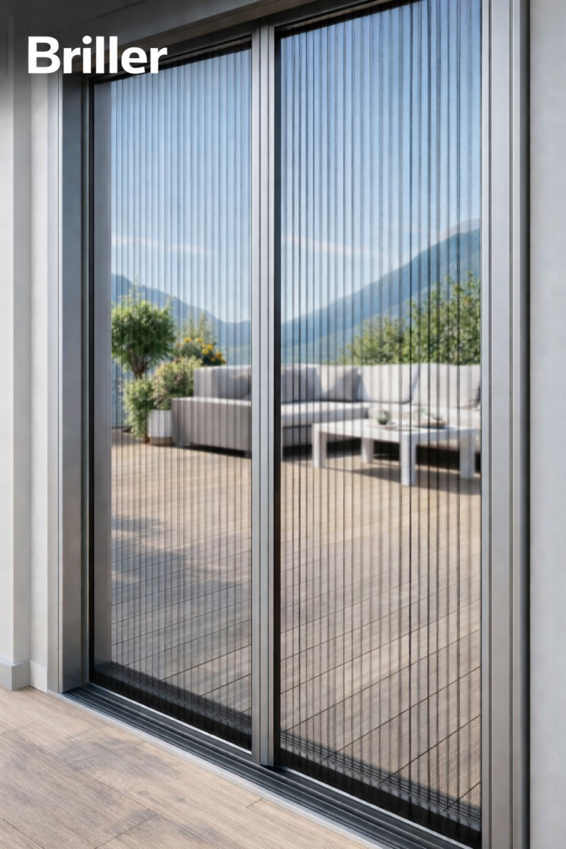 Zanzariera plissettata Briller Serramenti su portafinestra con apertura scorrevole, soluzione elegante e salvaspazio per balconi e grandi aperture in Valle d’Aosta