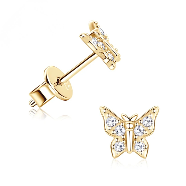 Sterling Silber Schmetterlings-Ohrstecker – Moissanit-Diamanten – Gelb- oder Weißgold vergoldet