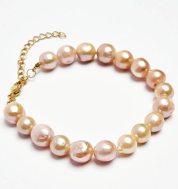 Handgefertigtes Armband mit barocken rosa Süßwasserperlen – Edelstahl vergoldet oder versilbert, verstellbar (17–22 cm)